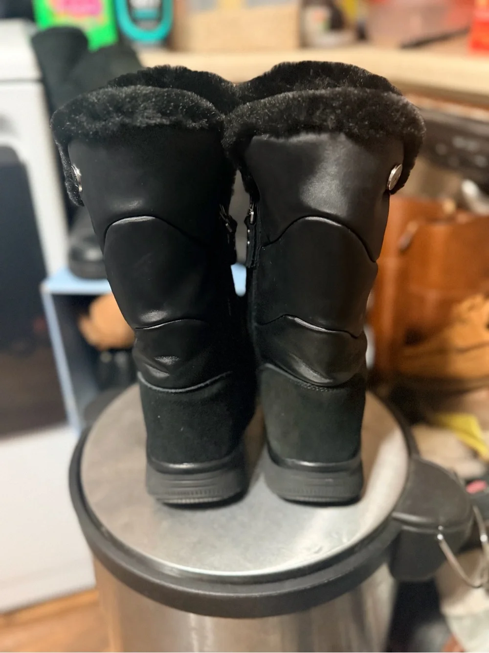 La Canadienne Women’s 8 Black Leather Suede Fur Cuff Winter Boots Made Canada